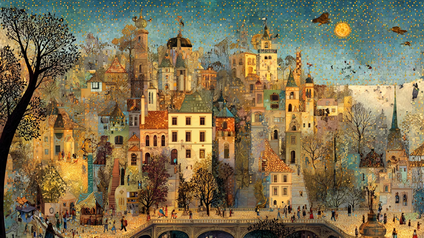 Cheerful day unfolding in a whimsical little town street