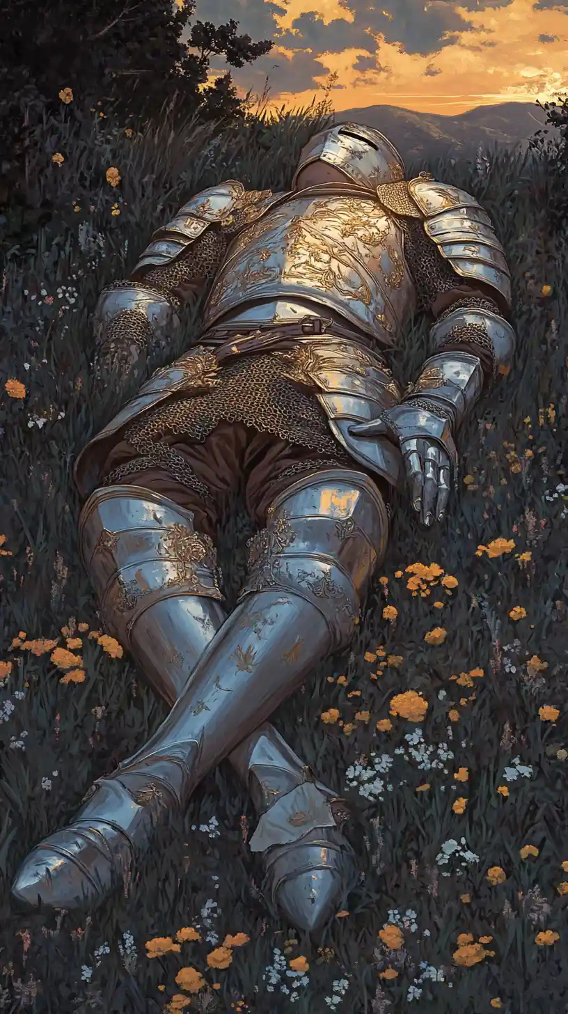 Dying knight in golden armor lying in a dusk meadow