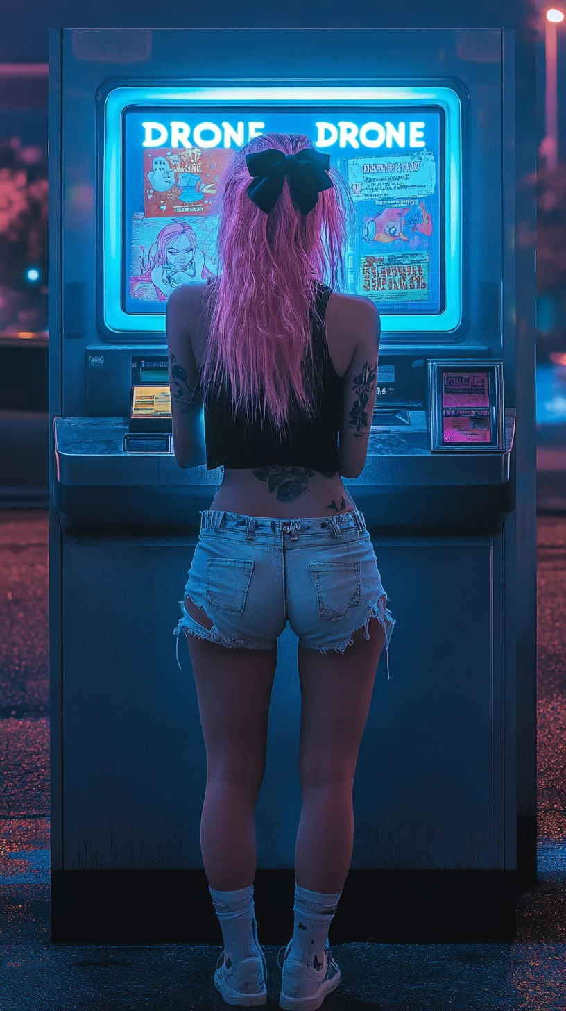 Pink haired girl at neon lit atm in the city
