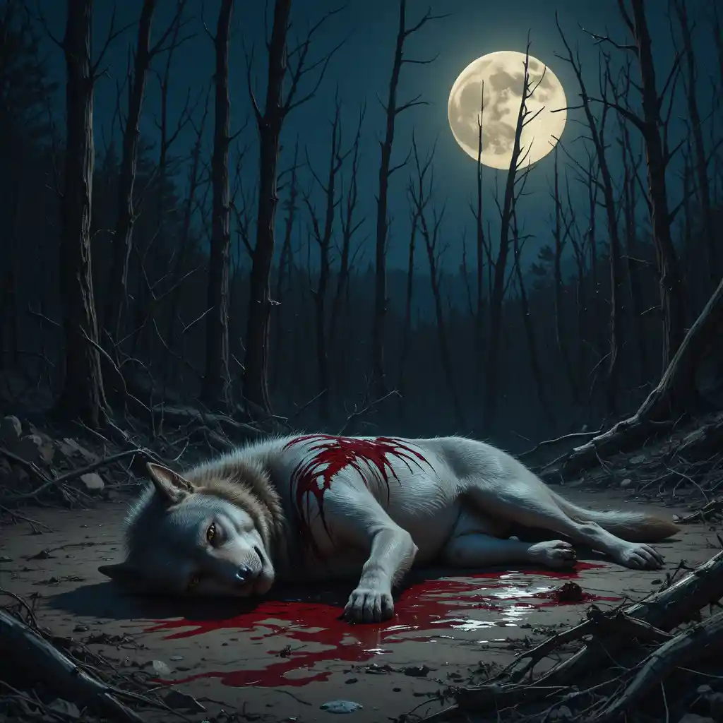 Injured wolf bleeding on the forest floor under full moon