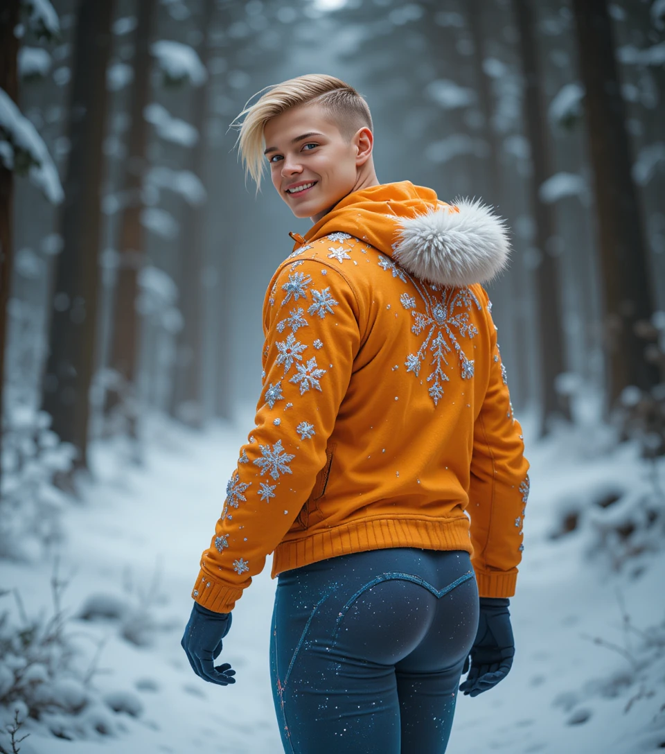 Giovane con leggings invernali che cammina in una foresta innevata