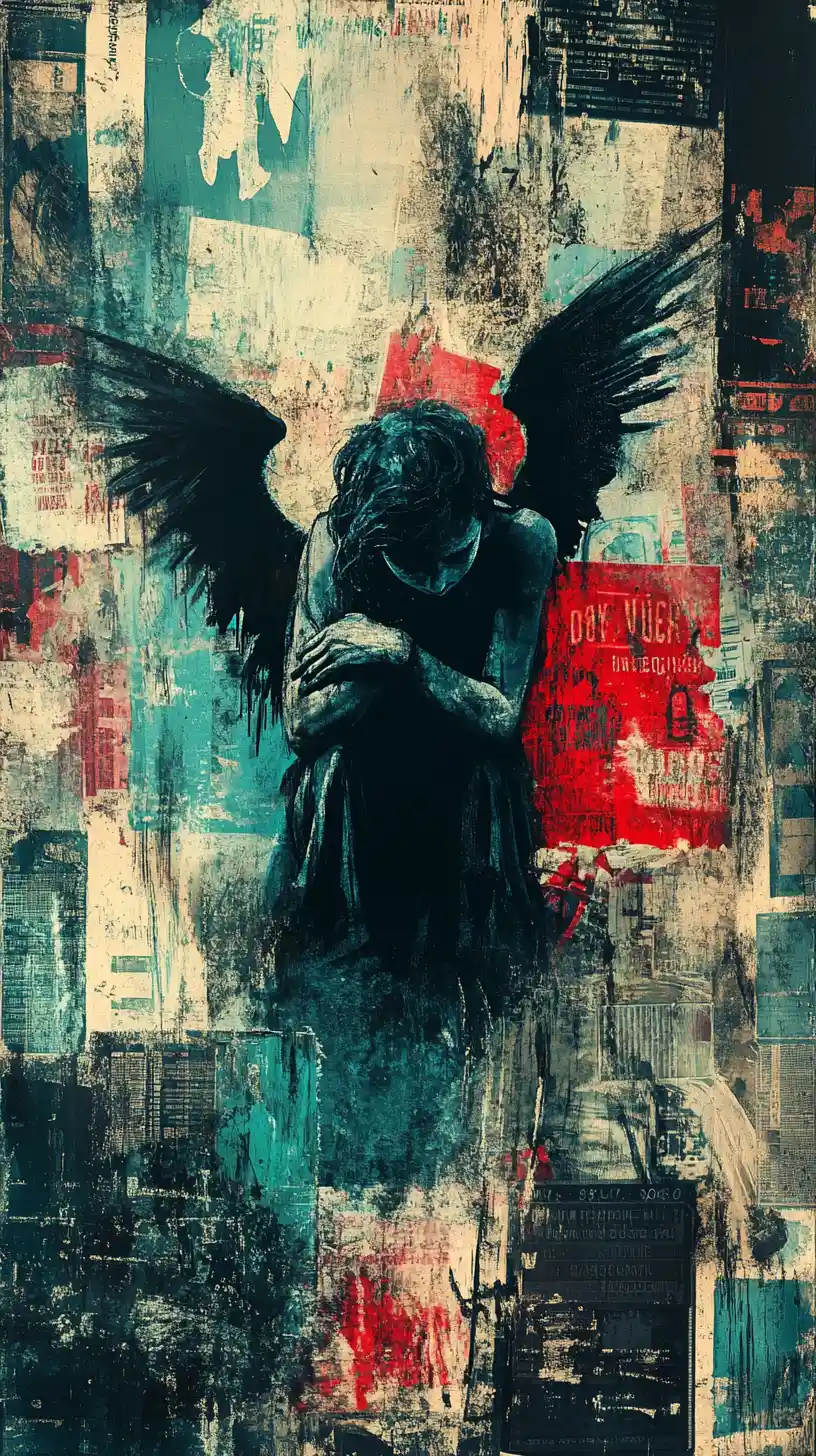 Ange mélancolique dans un collage chaotique de graffitis urbains