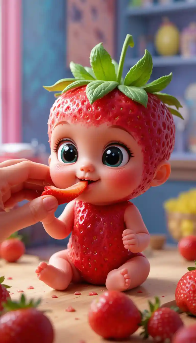 Adorable Strawberry Head Baby Fed Fruit At Table