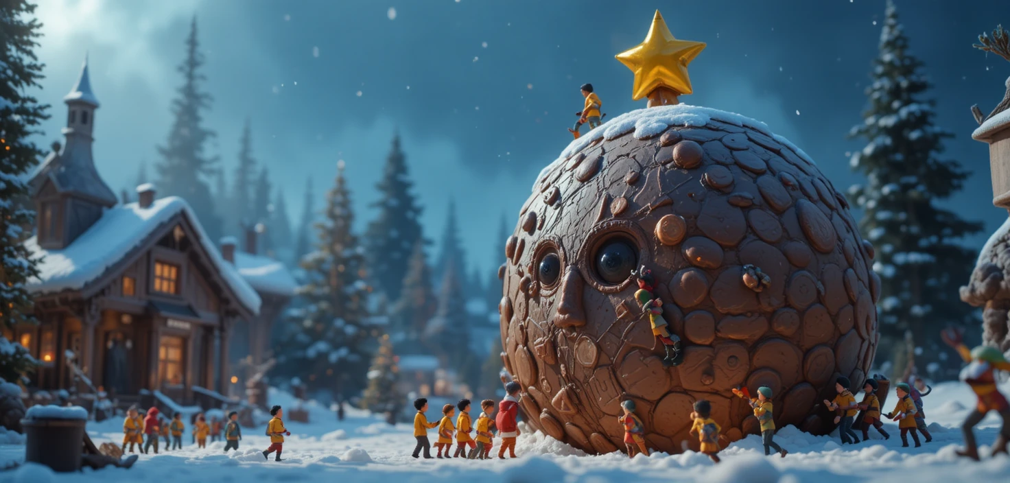 Personagens minúsculos escalando um tronco de Natal gigante em estilo Pixar