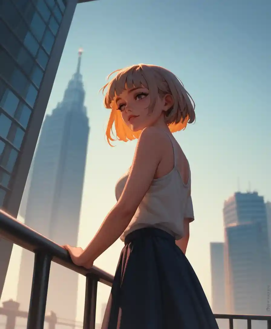 Mulher estilosa em rooftop ao entardecer dourado sobre a cidade