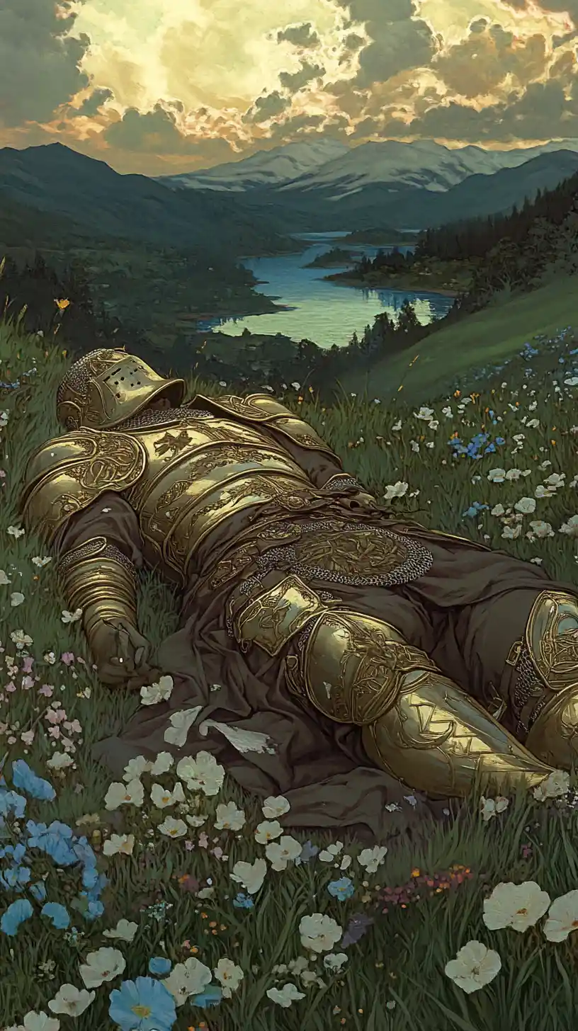 Sterbender Ritter in goldener Rüstung in einer surrealen Wiese