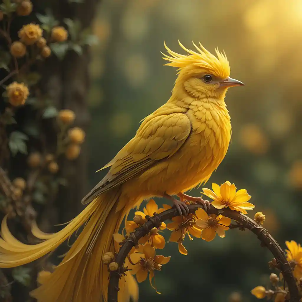 Golden bird with flowing tail on crescent yellow flowers