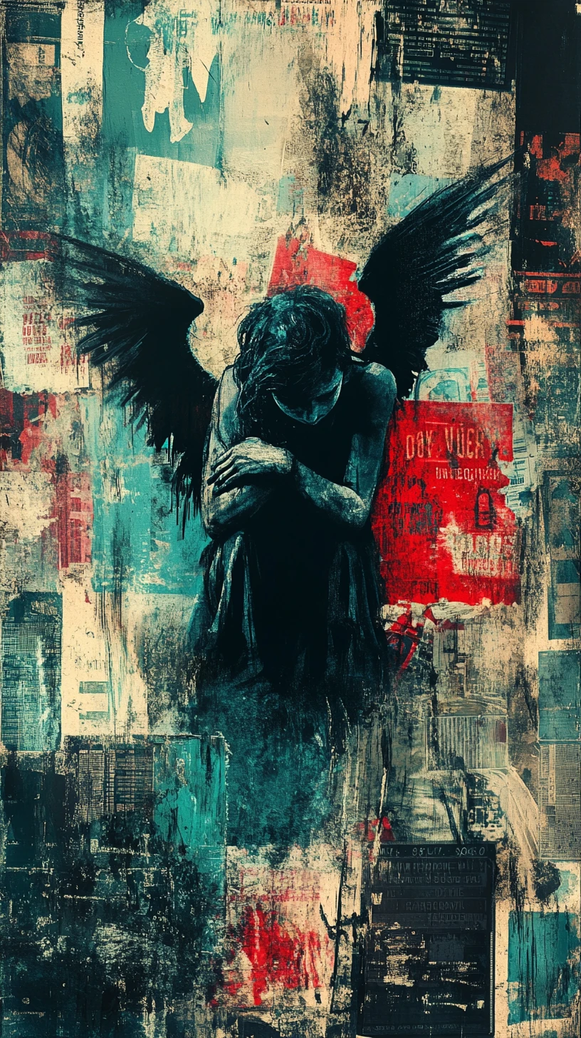 Anjo melancólico em colagem caótica de grafite urbano