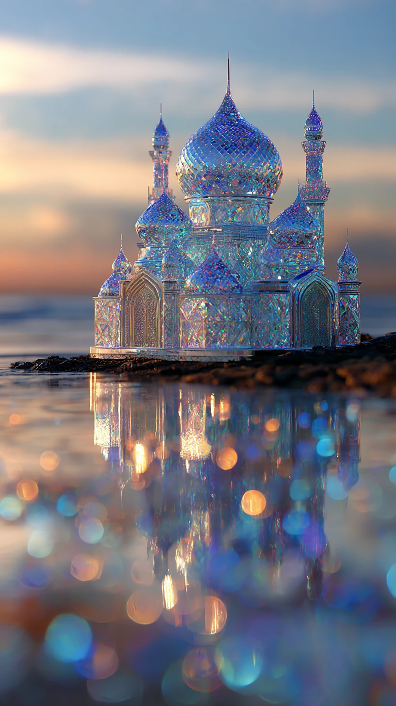Mesquita de cristal brilhando ao pôr do sol em uma praia tranquila
