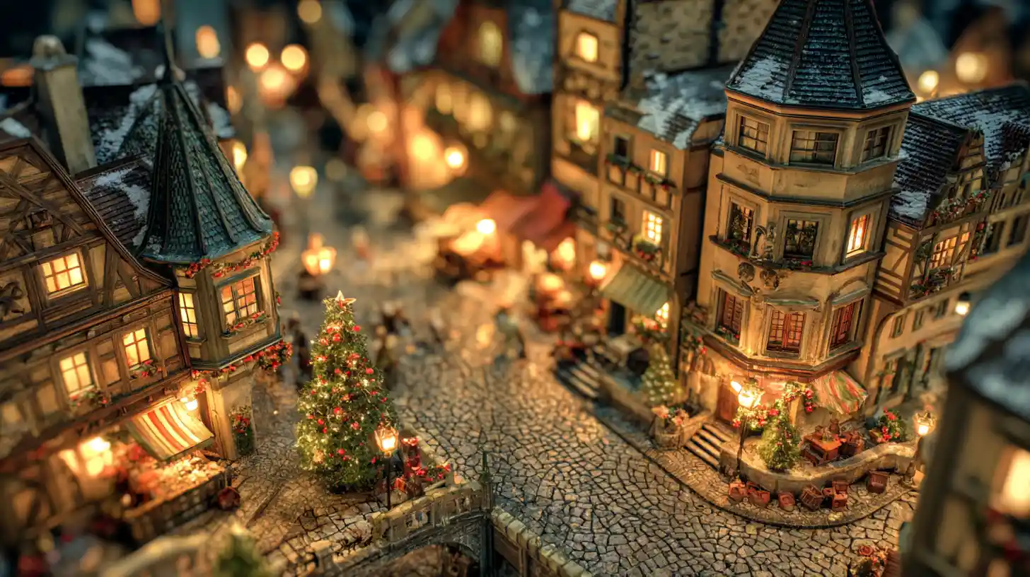 Tilt shift view of a snowy medieval town at Christmas