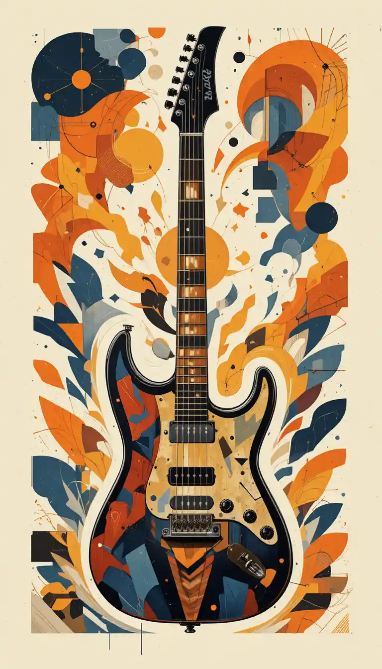 Colorful vintage electric guitar with bold geometric design