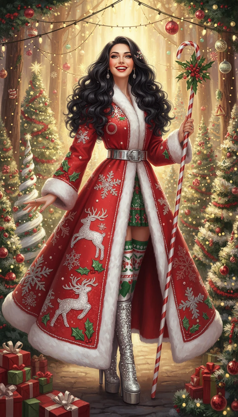 Fröhliche Frau im Couture-Weihnachtsmantel mit Zuckerstangen-Stab
