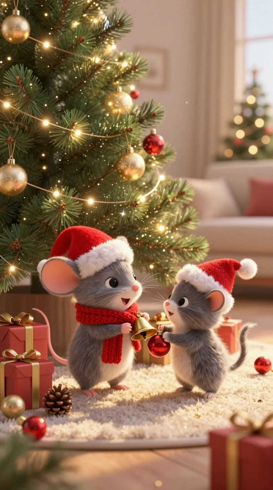 Gatinho fofo e ratinho minúsculo sob uma árvore de Natal brilhante