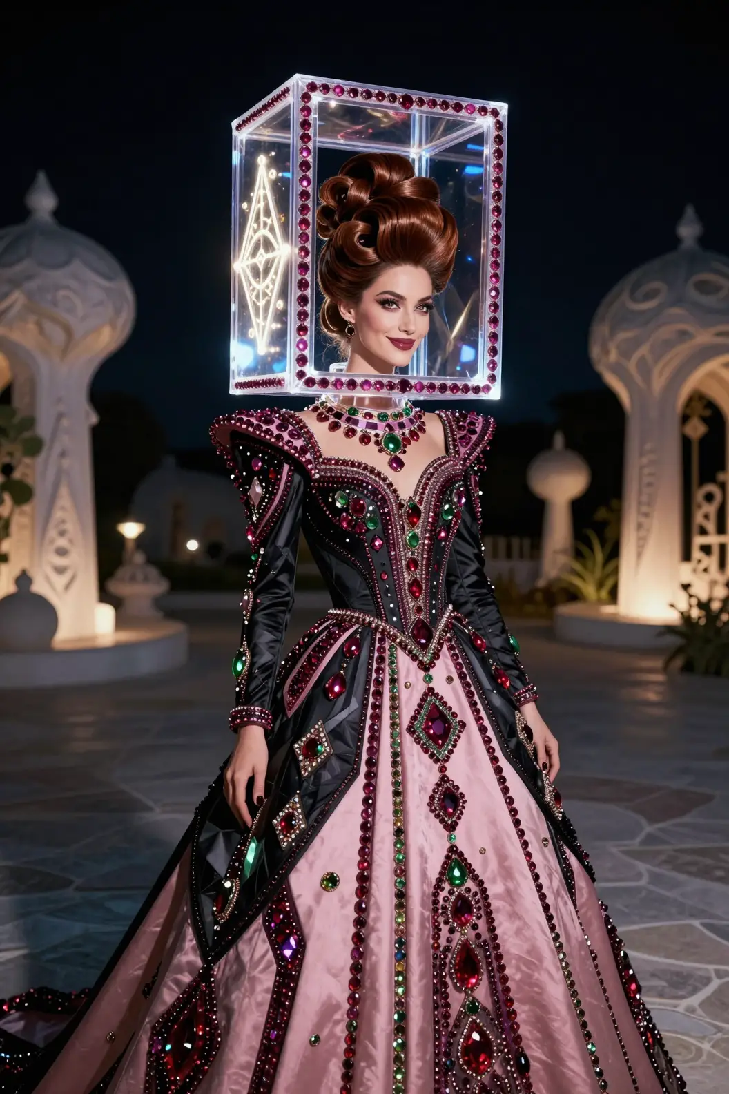 Persian woman in surreal moonlit courtyard couture portrait