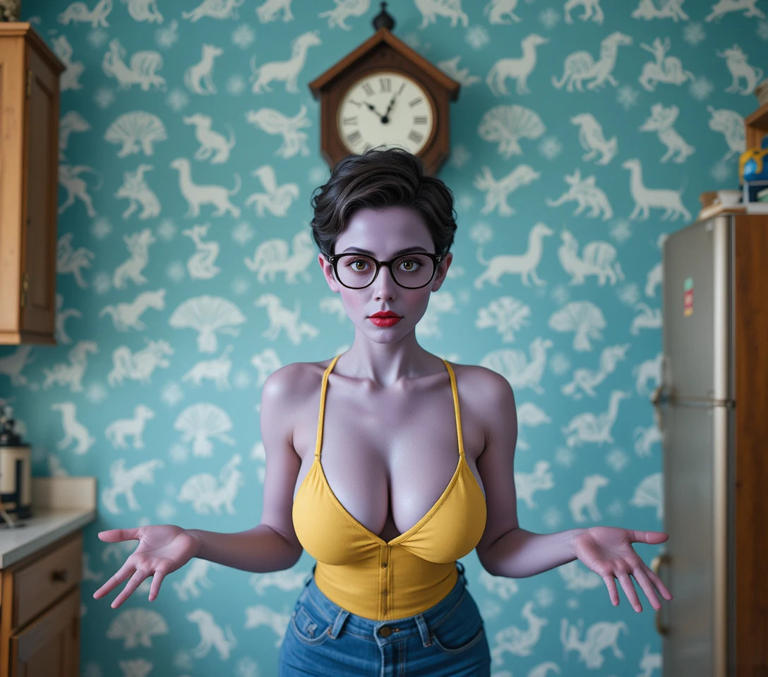 Donna aliena viola con tuta gialla in una stanza vintage