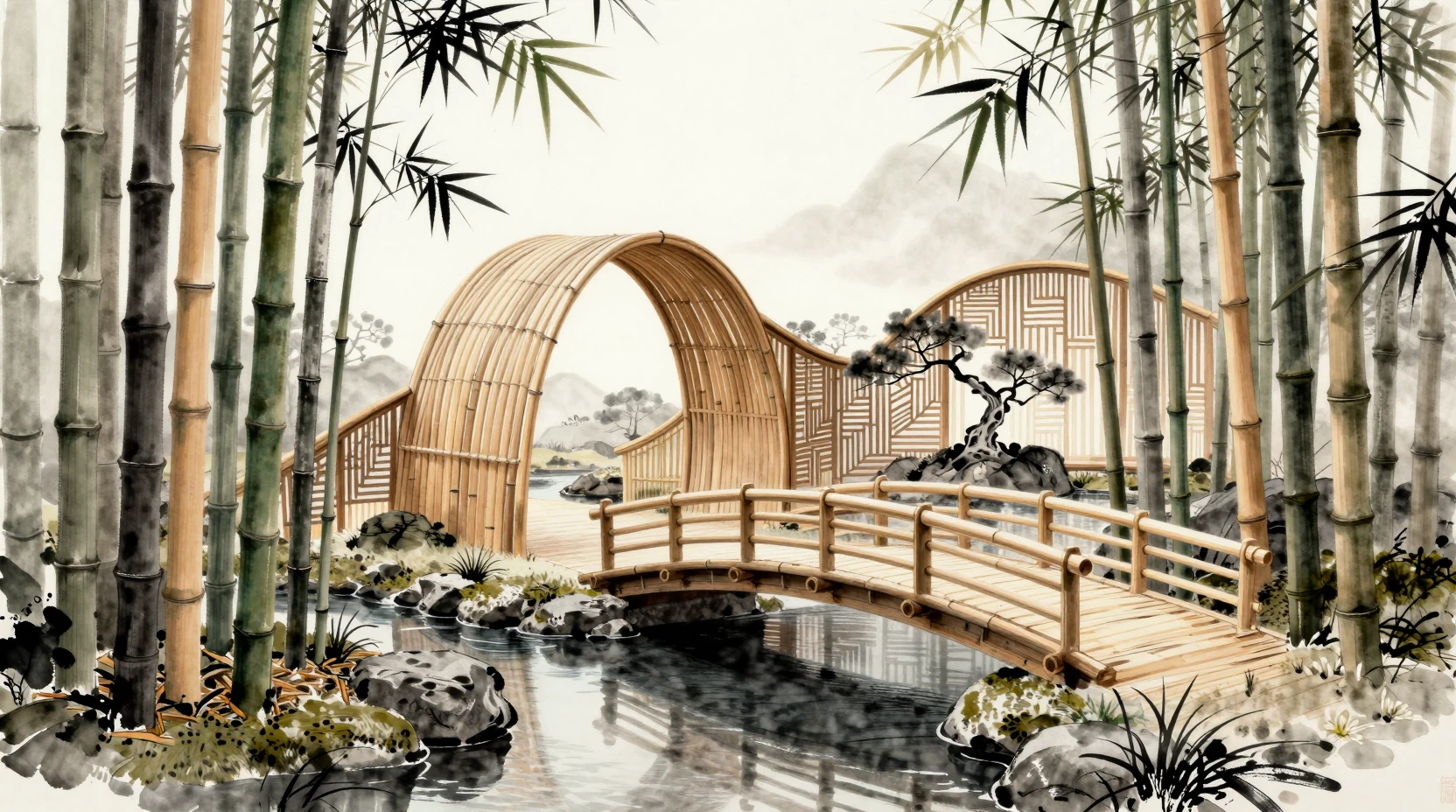 Serene Bamboo Japanese Garden With Sculpted Archways