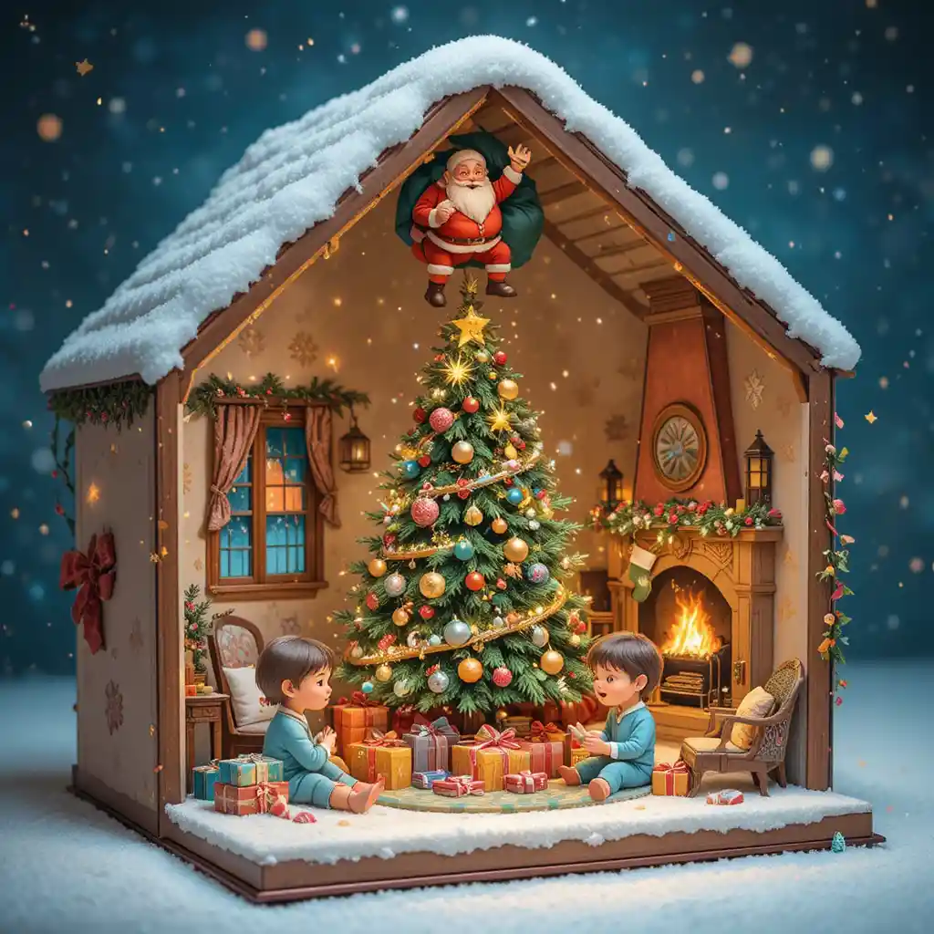 Accogliente scena di albero di Natale in una scatola regalo da libro di fiabe