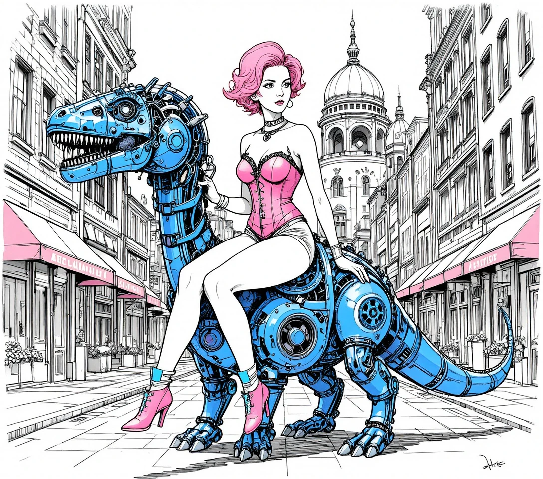 Mujer segura de sí misma montando un dinosaurio mecánico steampunk
