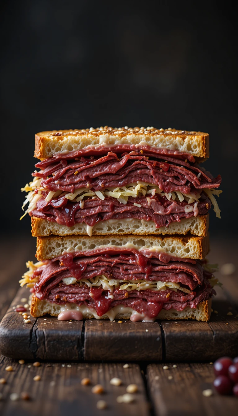 Stacked reuben sandwich on rye with cranberry sauce