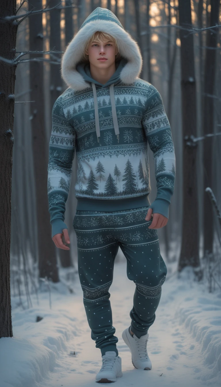 Adolescent blond marchant dans une forêt d’hiver enneigée
