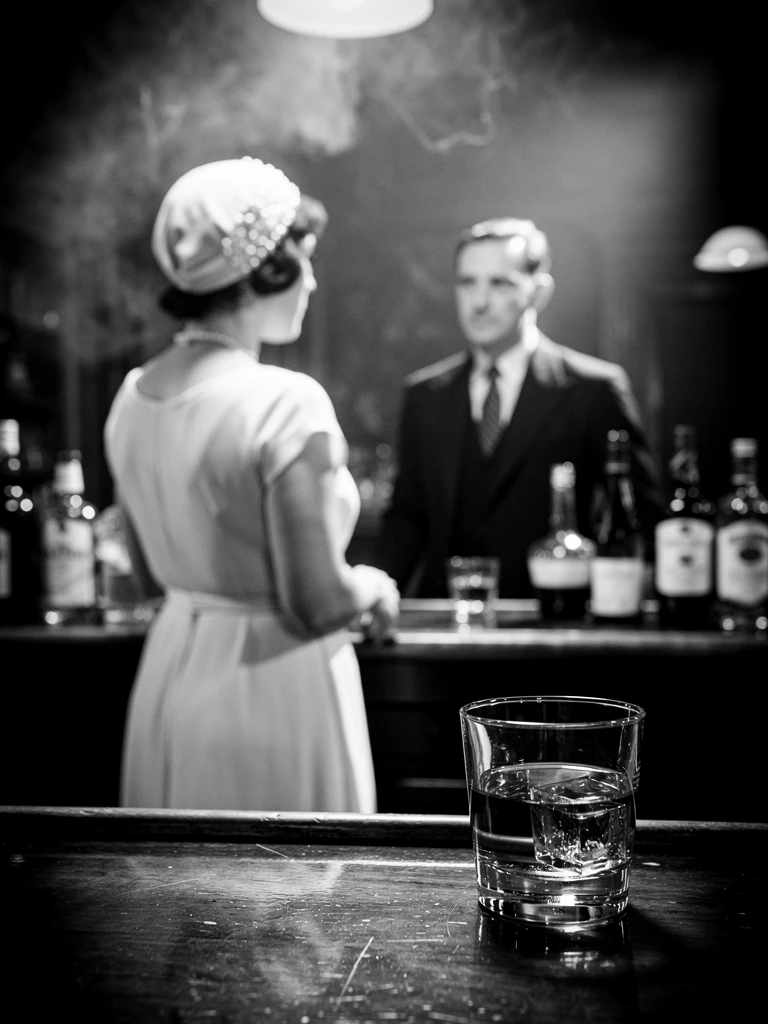 Gros plan de bar sombre avec verre de whisky et couple flou