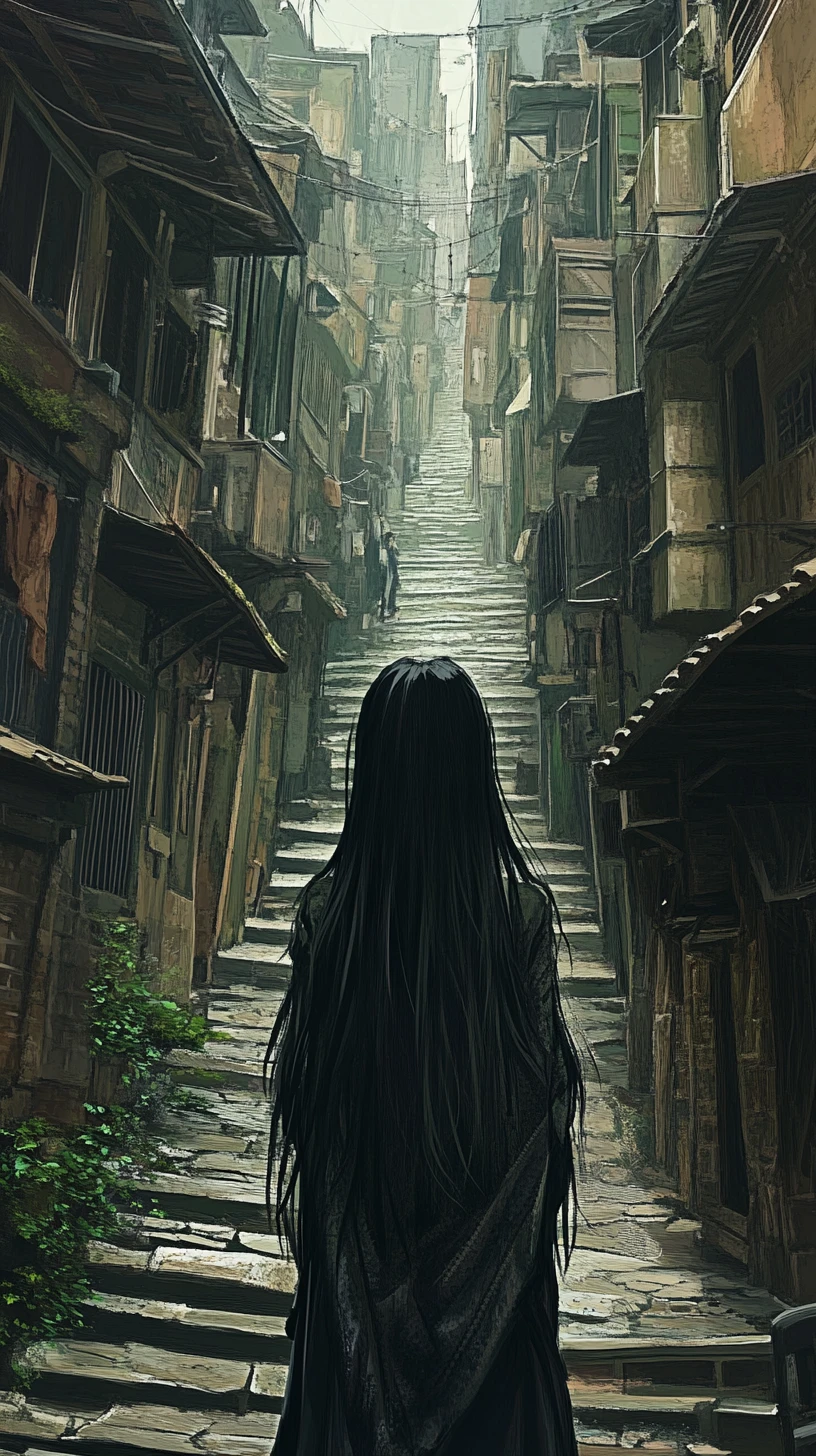 Anime-Mädchen geht allein eine enge Stadtgasse entlang