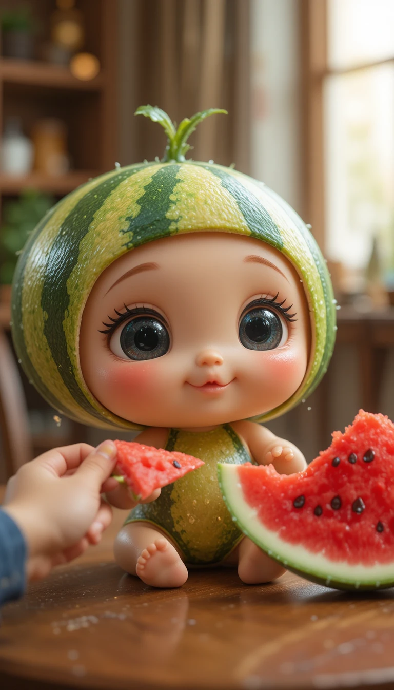 Adorable bébé pastèque reçoit une tranche juteuse