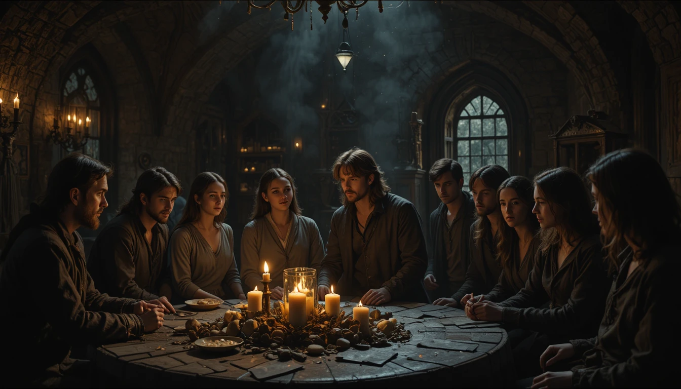 Common folk in a dark medieval tavern listening to a singer