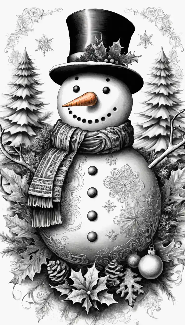 Detailreiche Schneemann‑Illustration in schwarzer Tinten‑Linienzeichnung