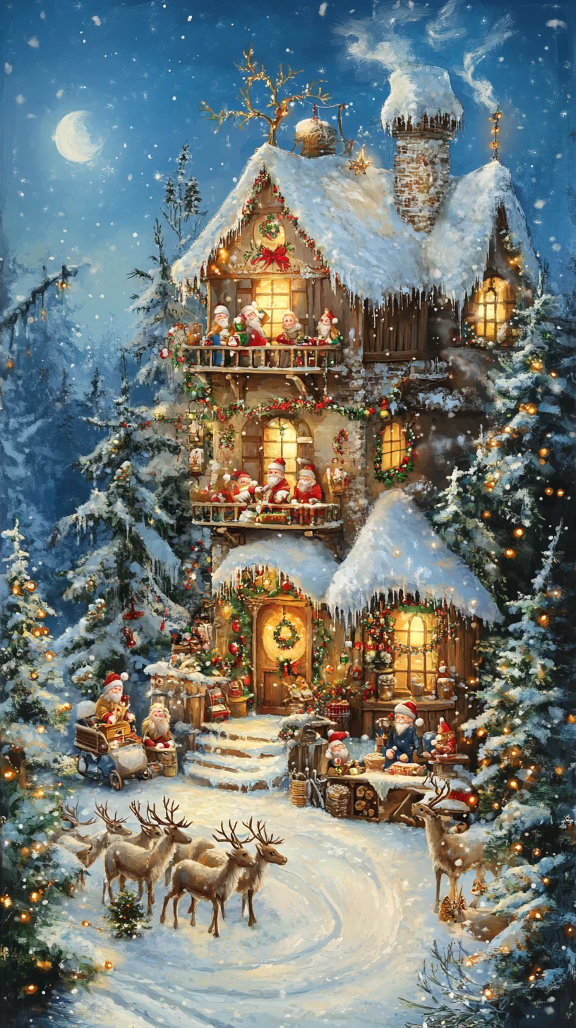 Taller de Santa en un pueblo boscoso navideño cubierto de nieve