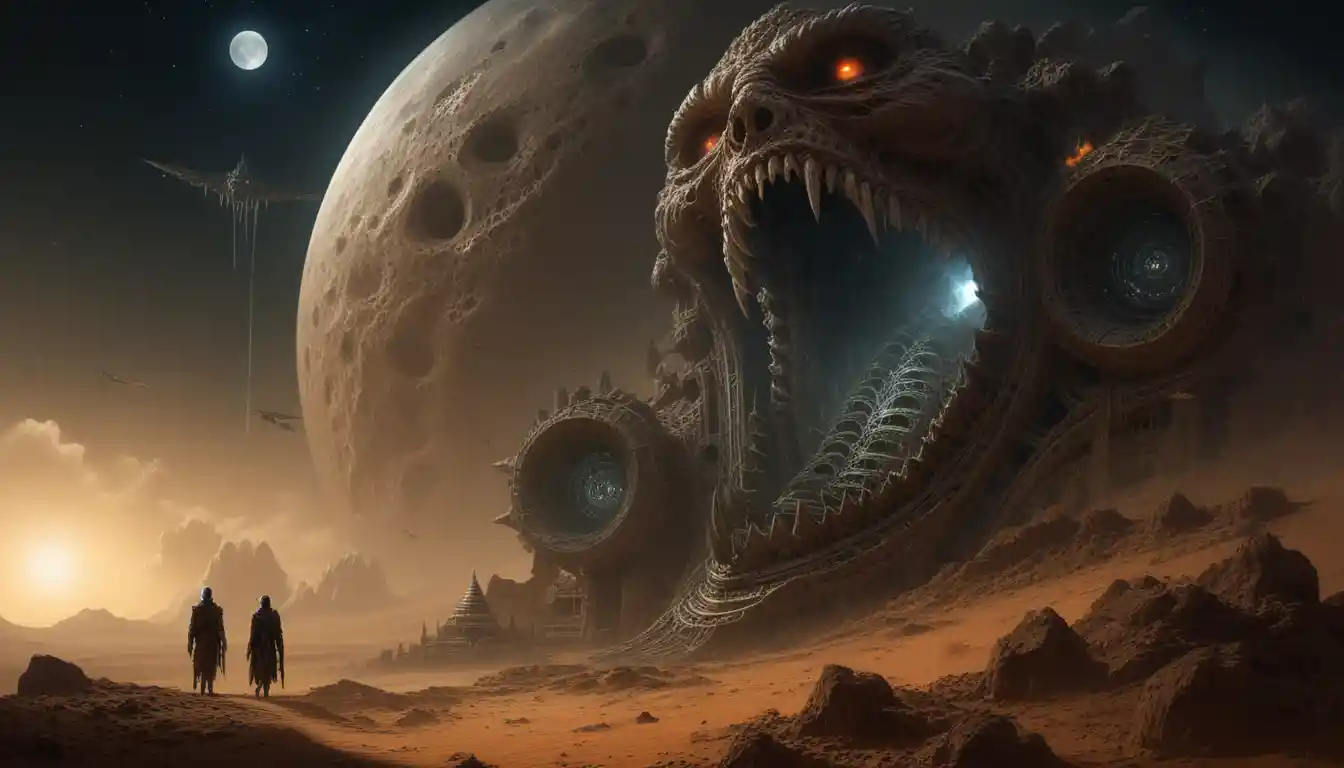 Colossal twisted desert temple with monstrous face at night