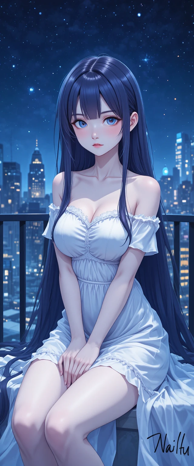 Ragazza anime su un balcone in una città notturna luminosa