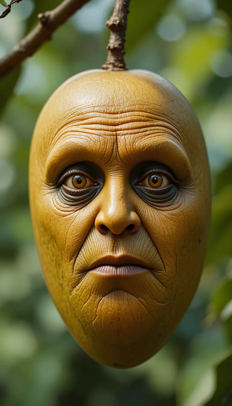 Mangue mûre avec illusion de visage ancien suspendue à sa tige