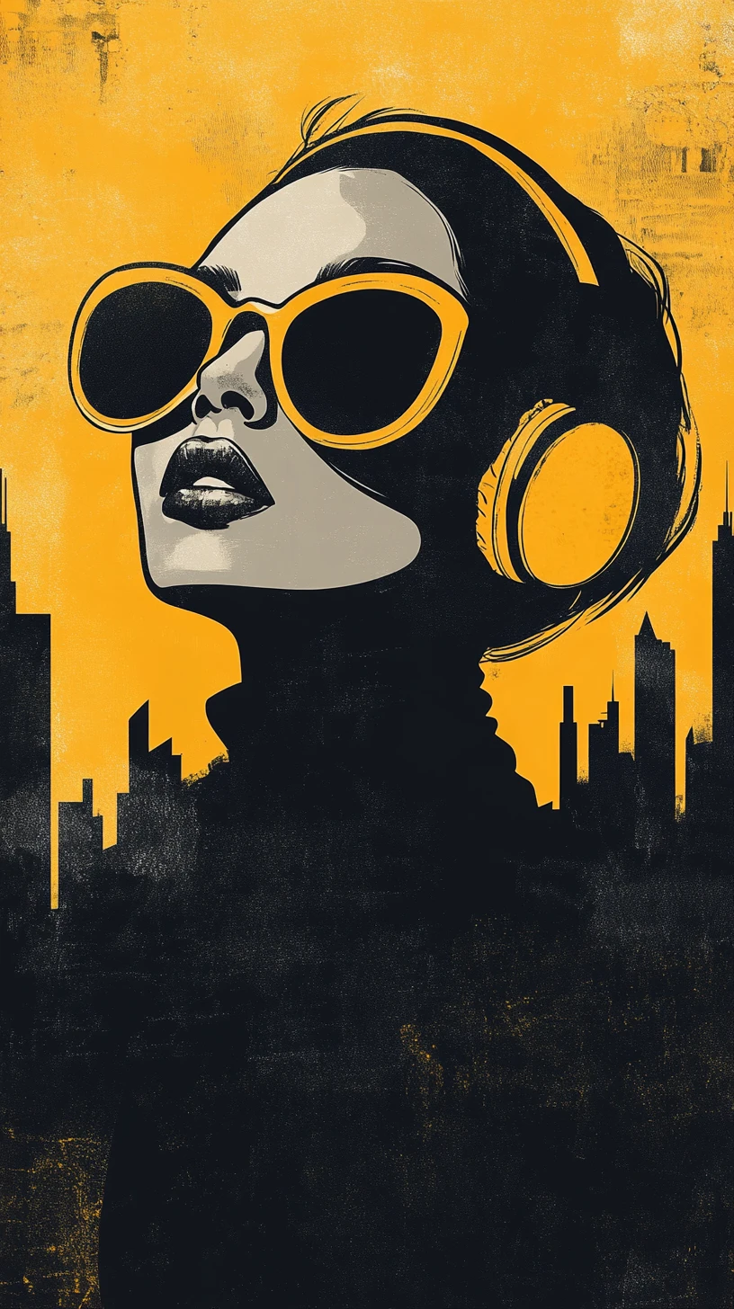 Femme stylée avec casque audio dans un portrait pop art audacieux