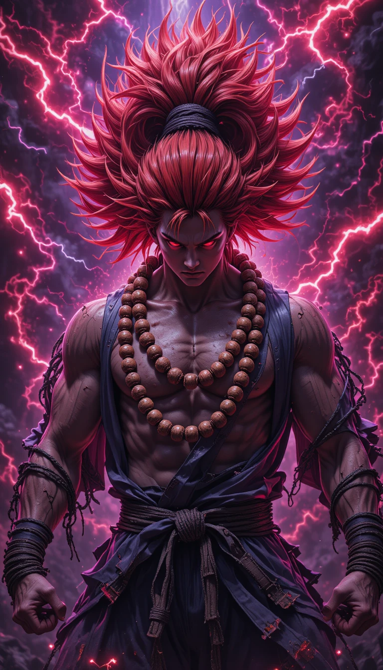 Artista marcial de anime furioso com olhos vermelhos brilhantes e aura