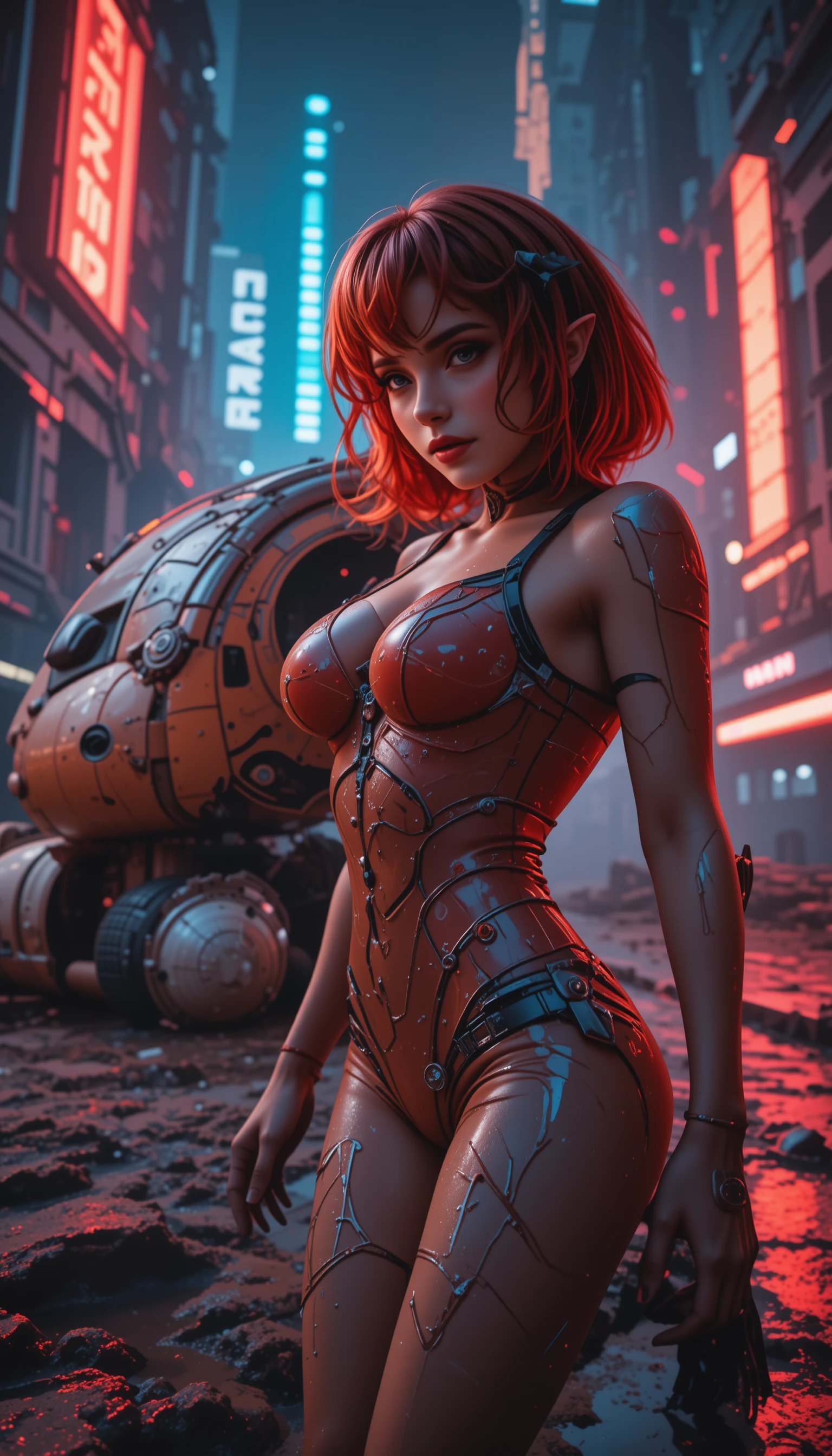 Elf space explorer beside futuristic hover armored carrier