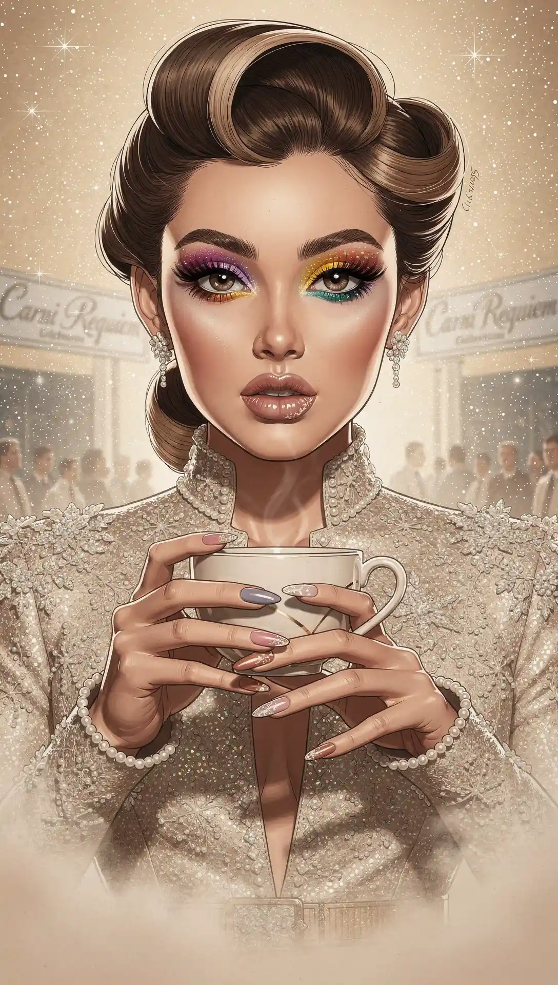Glamorous fashion portrait of Gigi Hadid holding a cup