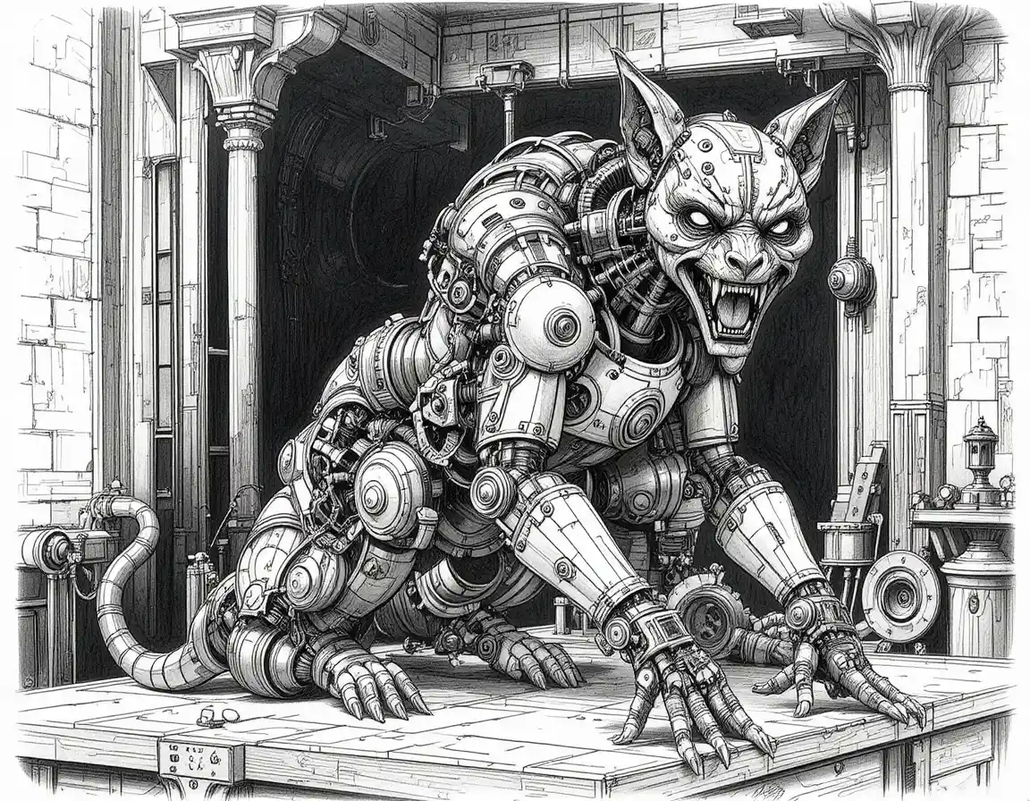 Mechanical steampunk feline made of gears on wooden table