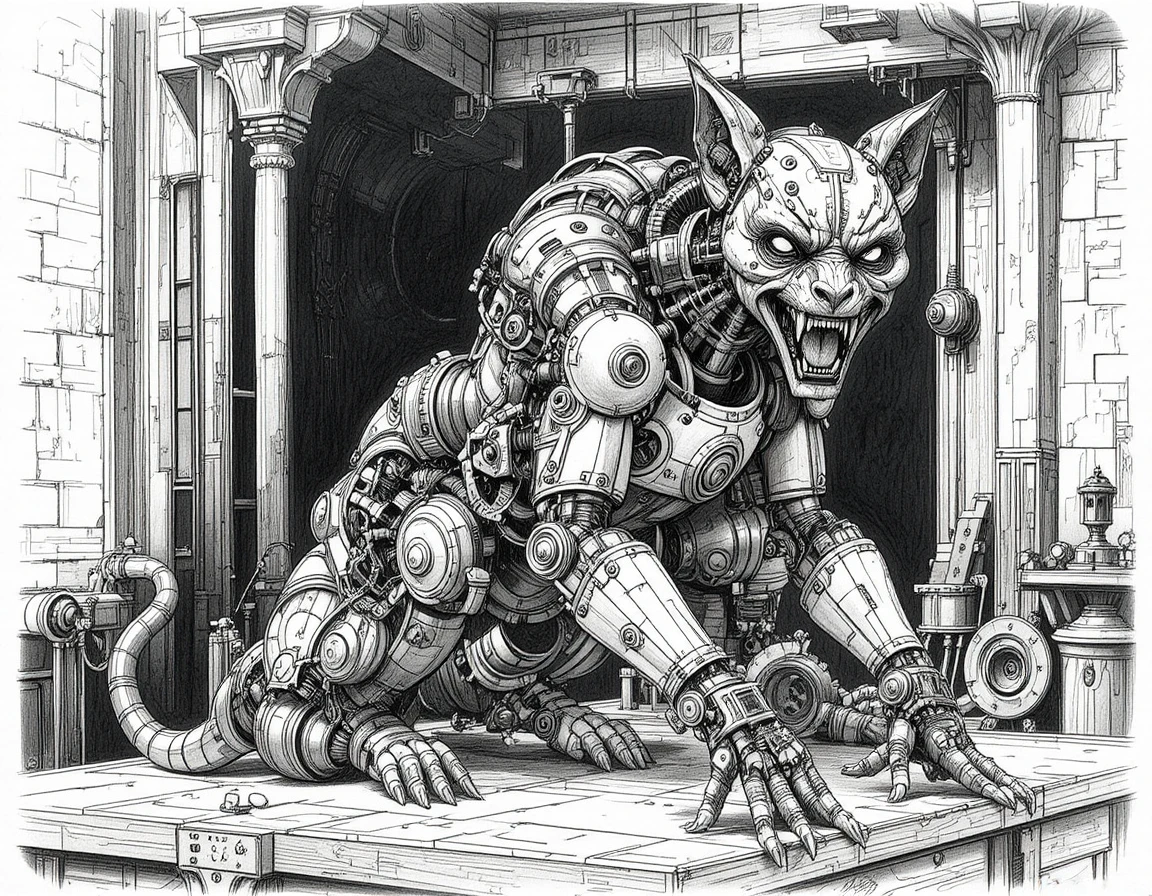 Mechanical steampunk feline made of gears on wooden table