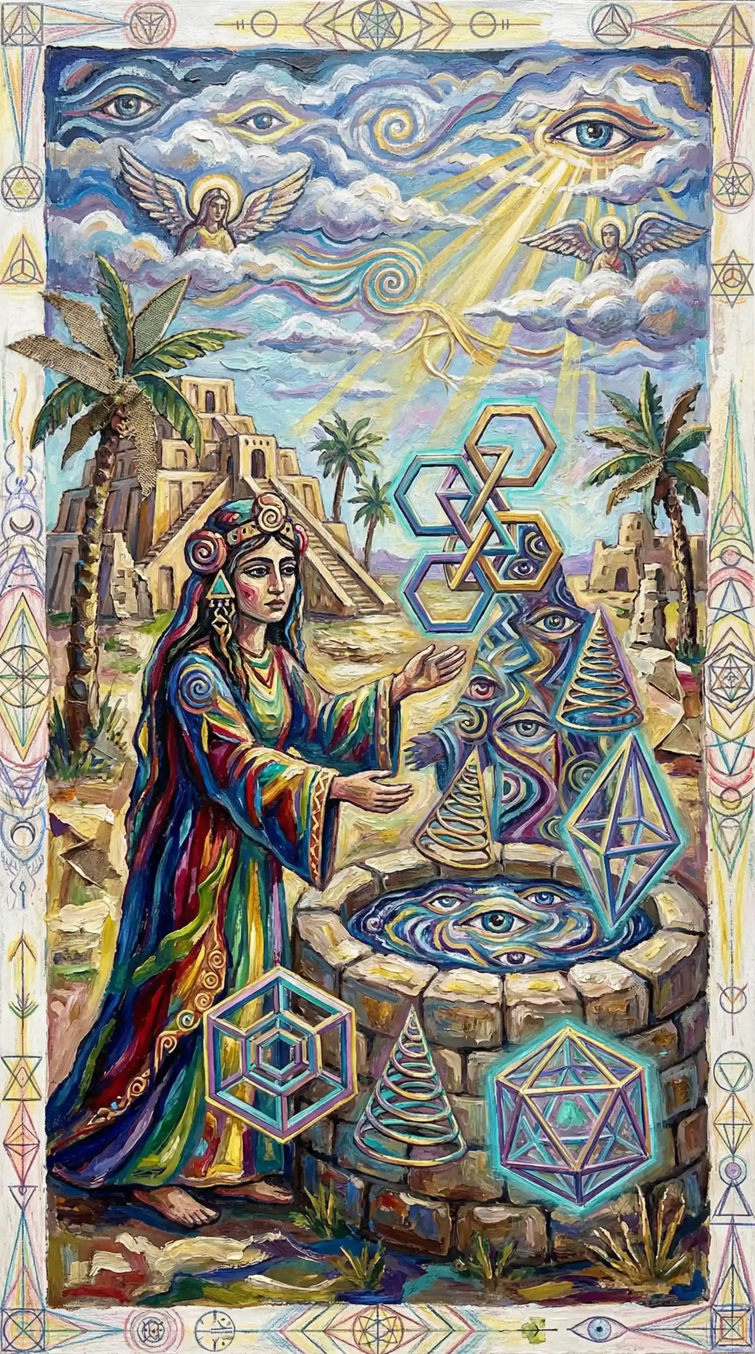 Mystical woman at an ancient well in surreal colors