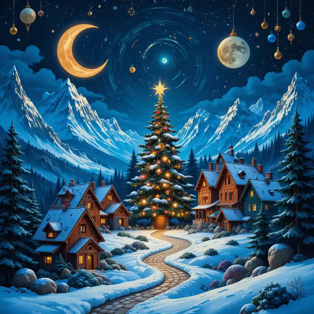 Magico Villaggio Invernale con Albero di Natale sotto la Luna Crescente