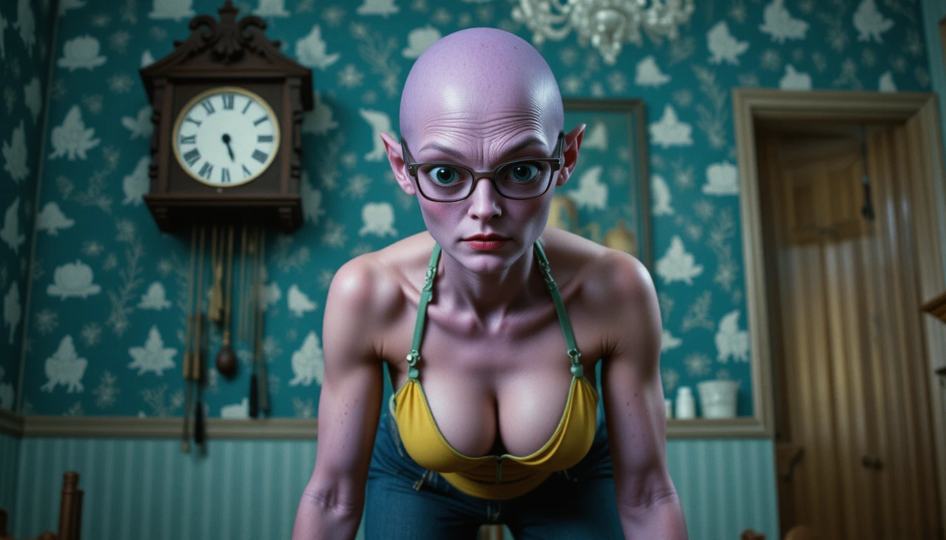 Purple alien woman in yellow jumpsuit before teal cuckoo clock wall