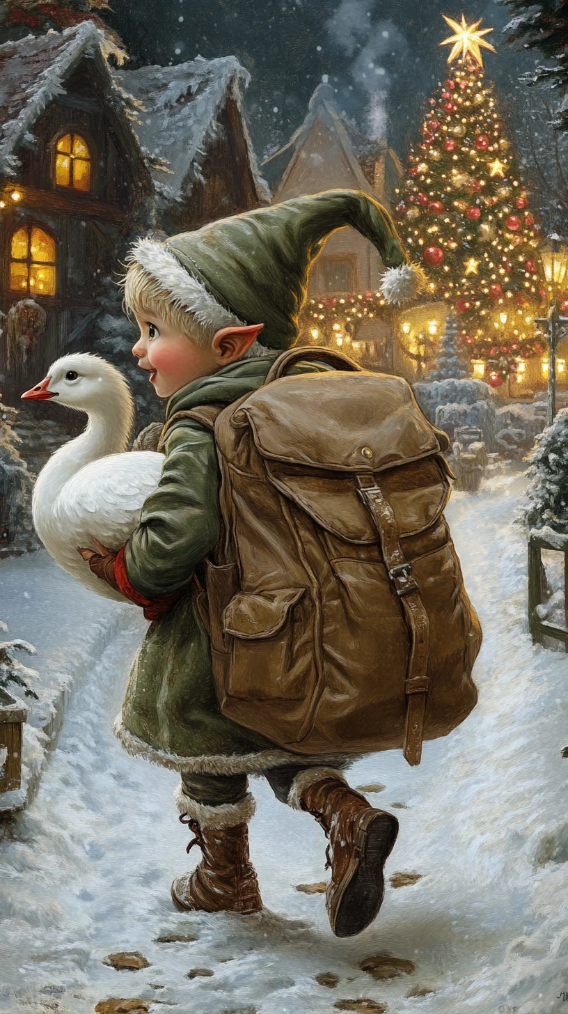 Cute Christmas elf sneaking with backpack in snowy farm