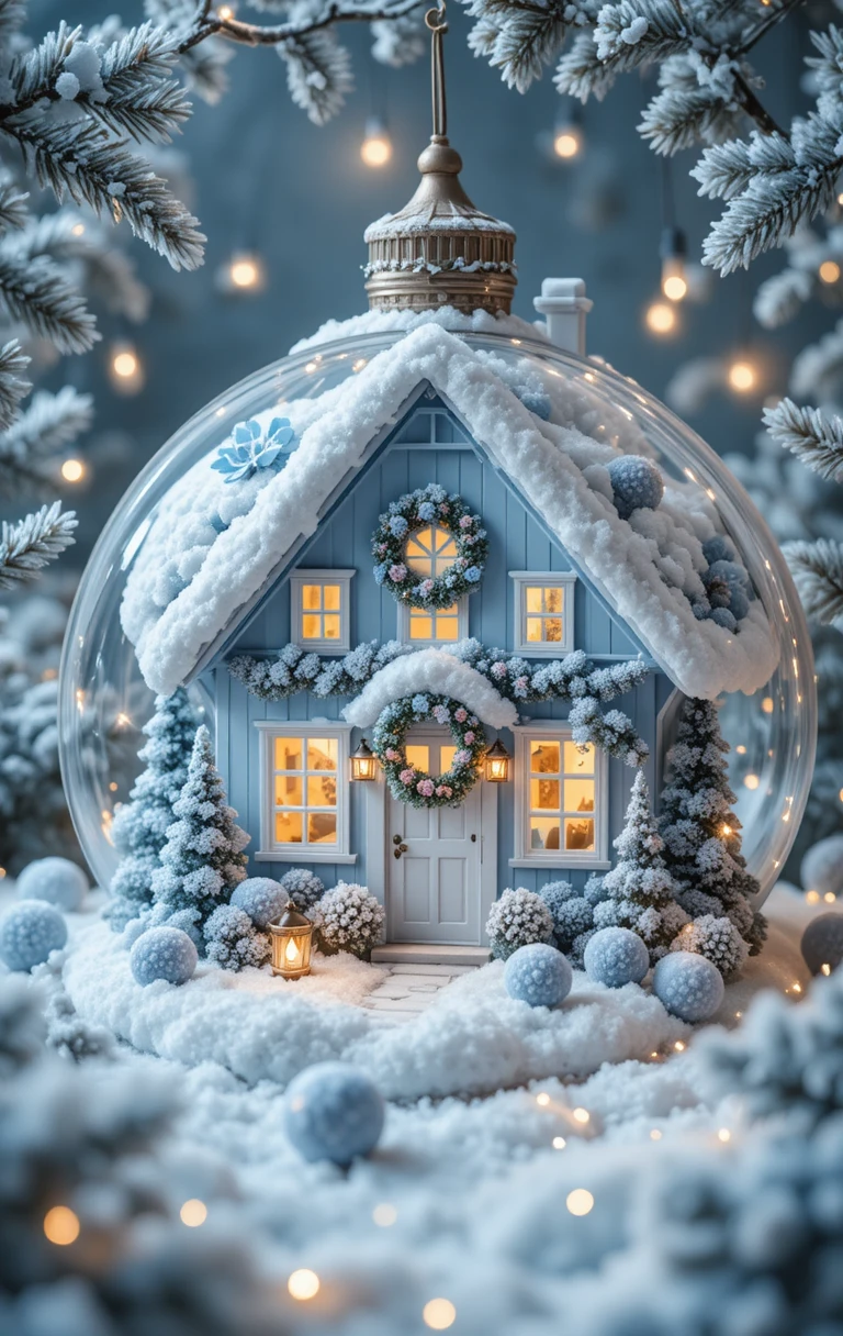 Chalet d’hiver chaleureux à l’intérieur d’une boule de Noël bleue
