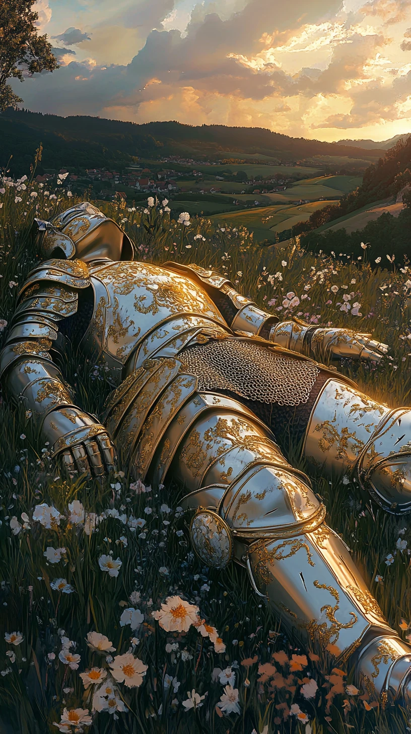 Cavaleiro moribundo em armadura dourada descansando em um prado ao entardecer