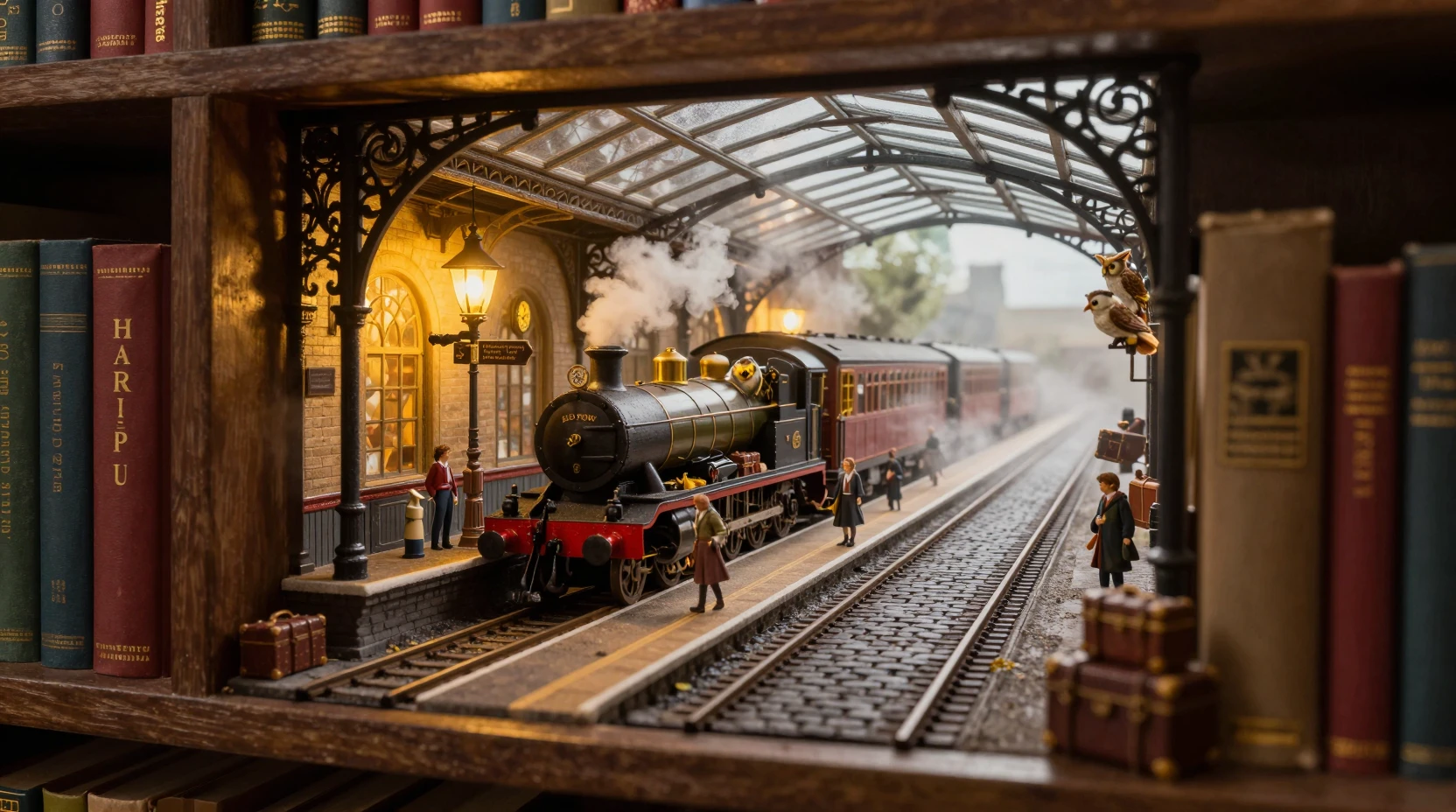 Magical miniature train platform hidden between towering books