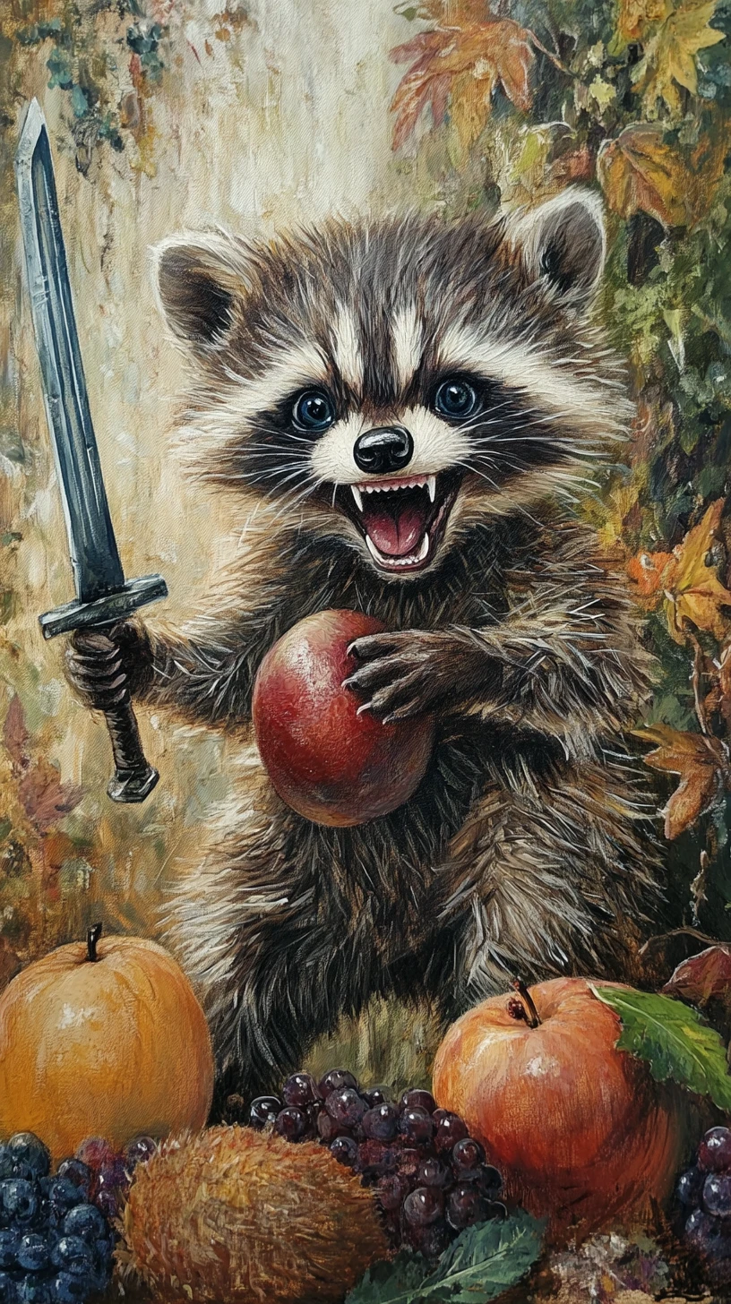 Cute baby raccoon holding a sword with sharp teeth
