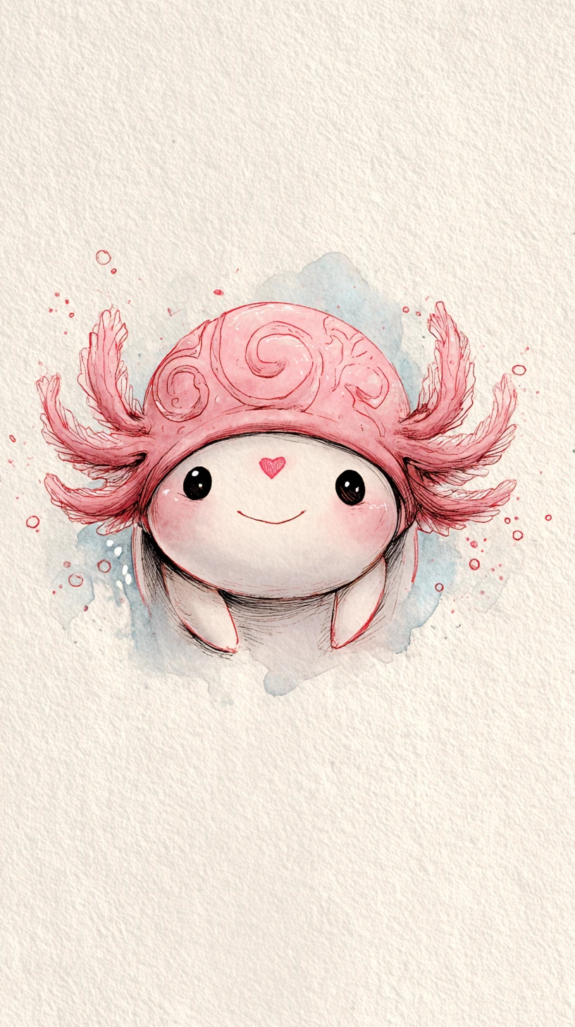 Gentle axolotl girl with heart mark and soft watercolor glow