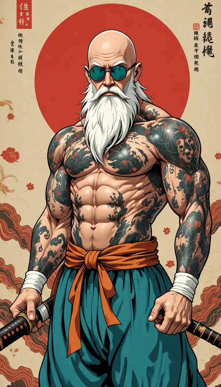 Tattooed elderly martial artist with katana in ukiyo e style