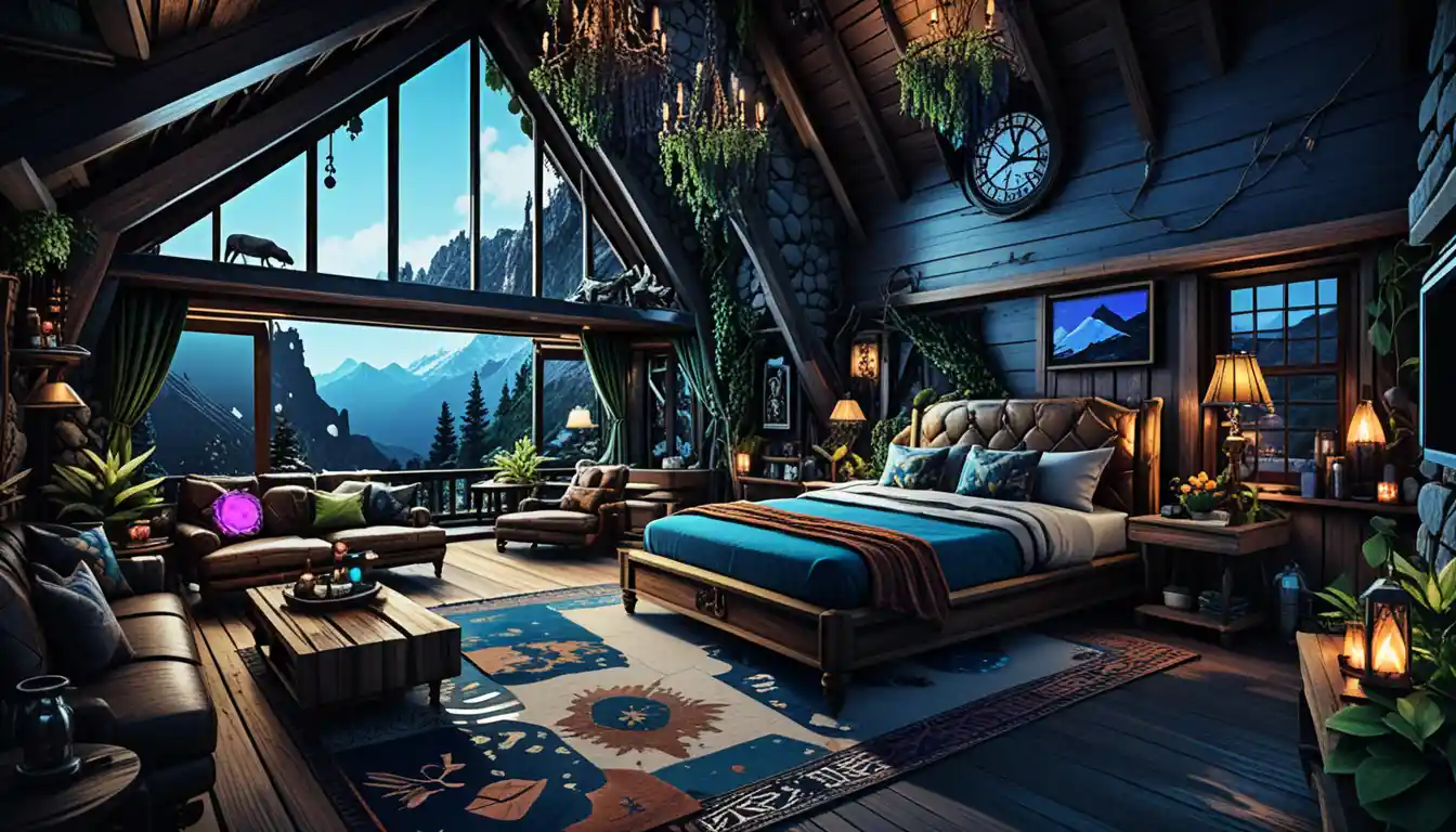 Interni di baita di montagna rustica con design di lusso accogliente